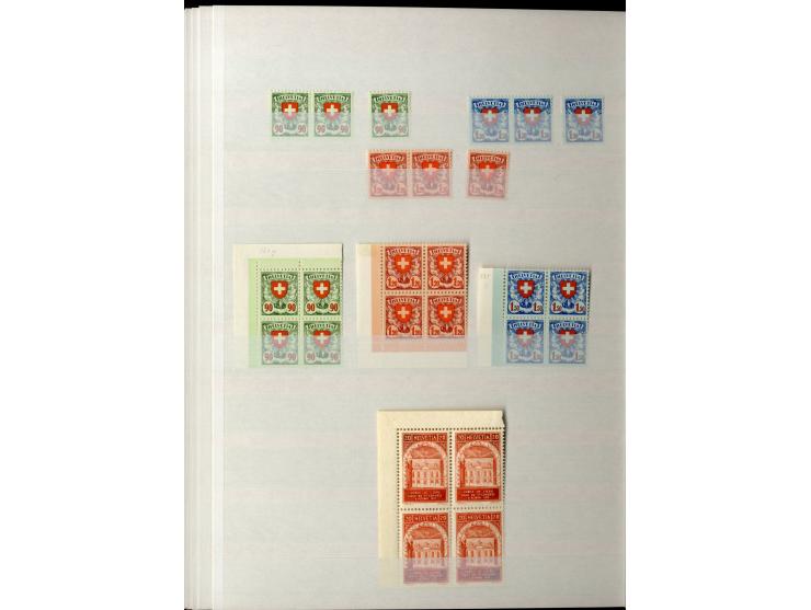 1881/1960 (ca.), postfrische Partie 4er-Blocks im steckbuch, dabei u.a. Mi.-Nr. 142, 194-97z, 301yI, 328-30v und w sowie Pax 