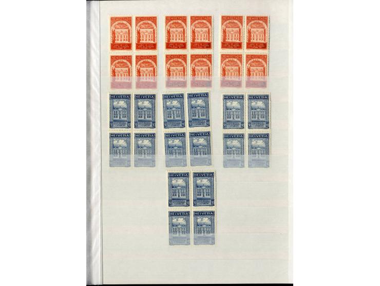 1881/1960 (ca.), postfrische Partie 4er-Blocks im steckbuch, dabei u.a. Mi.-Nr. 142, 194-97z, 301yI, 328-30v und w sowie Pax 