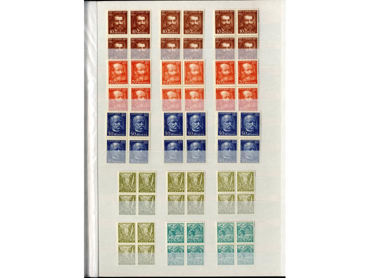 1881/1960 (ca.), postfrische Partie 4er-Blocks im steckbuch, dabei u.a. Mi.-Nr. 142, 194-97z, 301yI, 328-30v und w sowie Pax 