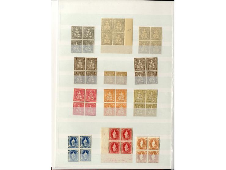 1881/1960 (ca.), postfrische Partie 4er-Blocks im steckbuch, dabei u.a. Mi.-Nr. 142, 194-97z, 301yI, 328-30v und w sowie Pax 