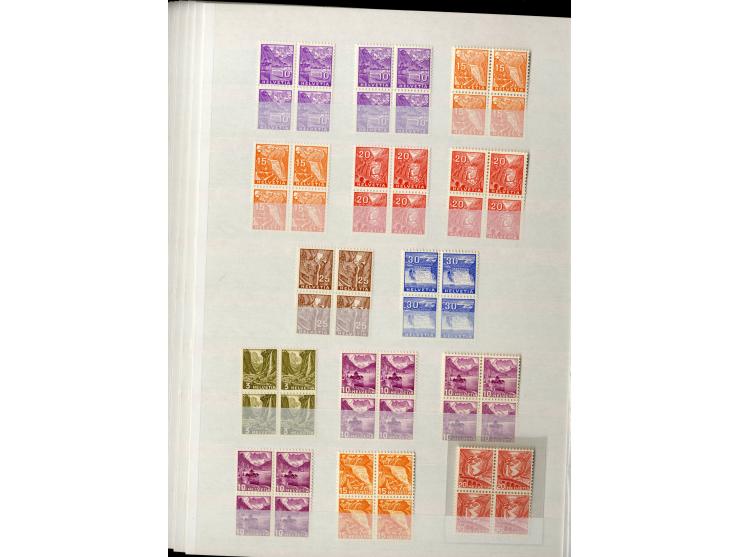 1881/1960 (ca.), postfrische Partie 4er-Blocks im steckbuch, dabei u.a. Mi.-Nr. 142, 194-97z, 301yI, 328-30v und w sowie Pax 