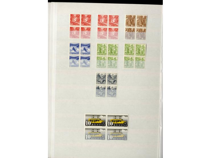 1881/1960 (ca.), postfrische Partie 4er-Blocks im steckbuch, dabei u.a. Mi.-Nr. 142, 194-97z, 301yI, 328-30v und w sowie Pax 