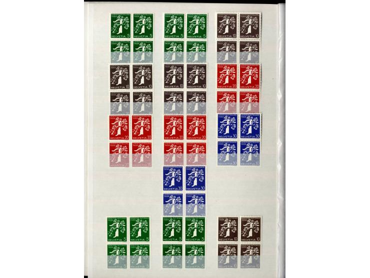 1881/1960 (ca.), postfrische Partie 4er-Blocks im steckbuch, dabei u.a. Mi.-Nr. 142, 194-97z, 301yI, 328-30v und w sowie Pax 