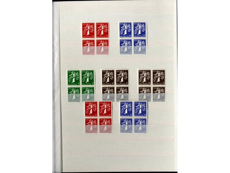 1881/1960 (ca.), postfrische Partie 4er-Blocks im steckbuch, dabei u.a. Mi.-Nr. 142, 194-97z, 301yI, 328-30v und w sowie Pax 