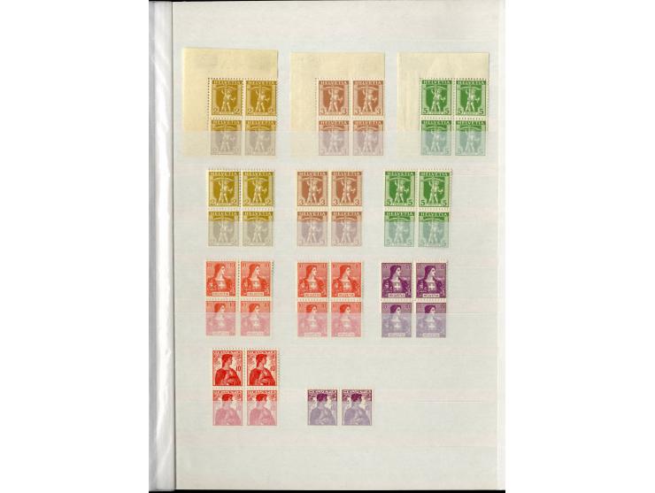 1881/1960 (ca.), postfrische Partie 4er-Blocks im steckbuch, dabei u.a. Mi.-Nr. 142, 194-97z, 301yI, 328-30v und w sowie Pax 