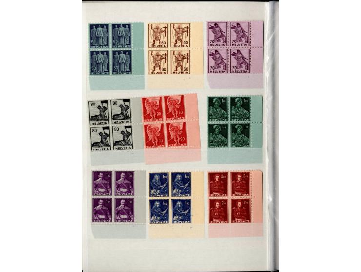 1881/1960 (ca.), postfrische Partie 4er-Blocks im steckbuch, dabei u.a. Mi.-Nr. 142, 194-97z, 301yI, 328-30v und w sowie Pax 