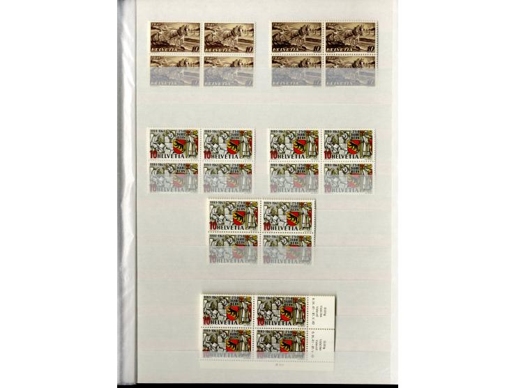 1881/1960 (ca.), postfrische Partie 4er-Blocks im steckbuch, dabei u.a. Mi.-Nr. 142, 194-97z, 301yI, 328-30v und w sowie Pax 