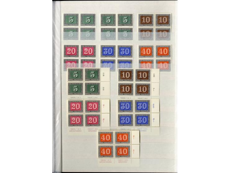 1881/1960 (ca.), postfrische Partie 4er-Blocks im steckbuch, dabei u.a. Mi.-Nr. 142, 194-97z, 301yI, 328-30v und w sowie Pax 