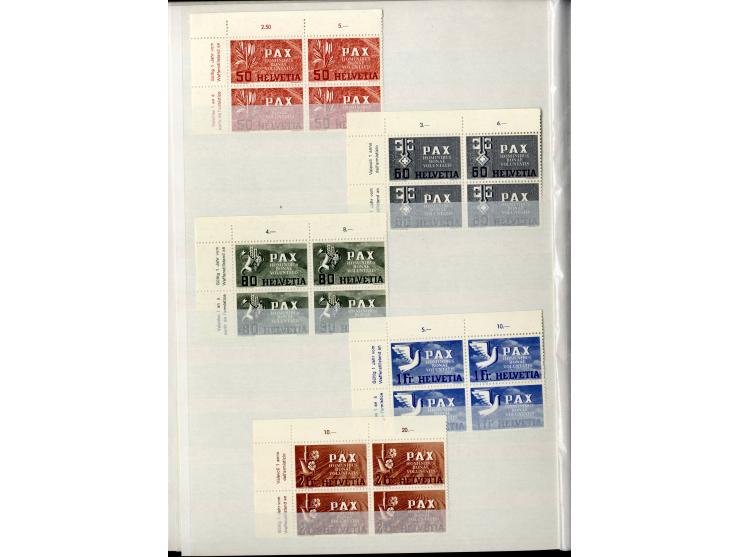 1881/1960 (ca.), postfrische Partie 4er-Blocks im steckbuch, dabei u.a. Mi.-Nr. 142, 194-97z, 301yI, 328-30v und w sowie Pax 
