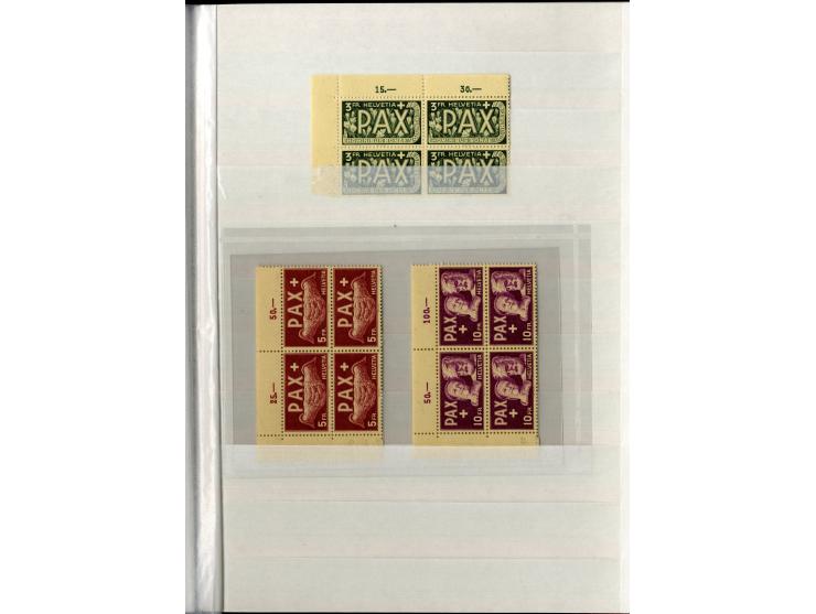 1881/1960 (ca.), postfrische Partie 4er-Blocks im steckbuch, dabei u.a. Mi.-Nr. 142, 194-97z, 301yI, 328-30v und w sowie Pax 