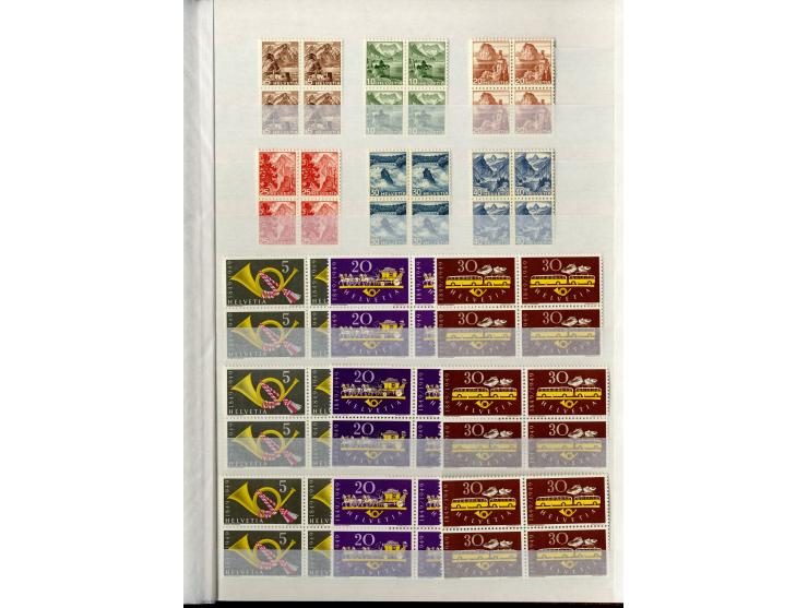 1881/1960 (ca.), postfrische Partie 4er-Blocks im steckbuch, dabei u.a. Mi.-Nr. 142, 194-97z, 301yI, 328-30v und w sowie Pax 