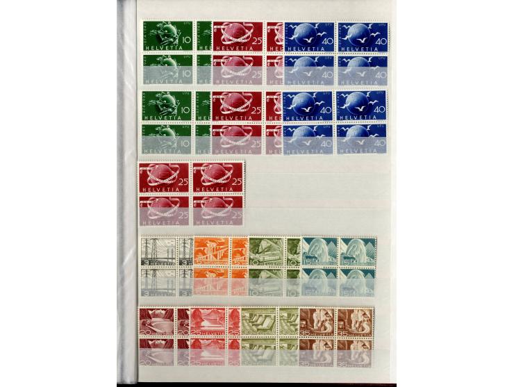 1881/1960 (ca.), postfrische Partie 4er-Blocks im steckbuch, dabei u.a. Mi.-Nr. 142, 194-97z, 301yI, 328-30v und w sowie Pax 