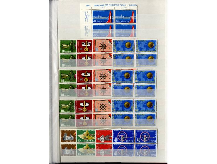 1881/1960 (ca.), postfrische Partie 4er-Blocks im steckbuch, dabei u.a. Mi.-Nr. 142, 194-97z, 301yI, 328-30v und w sowie Pax 