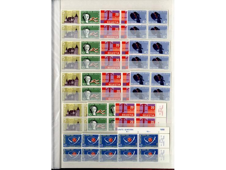1881/1960 (ca.), postfrische Partie 4er-Blocks im steckbuch, dabei u.a. Mi.-Nr. 142, 194-97z, 301yI, 328-30v und w sowie Pax 