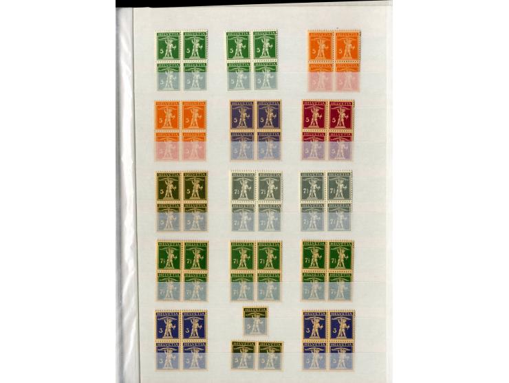 1881/1960 (ca.), postfrische Partie 4er-Blocks im steckbuch, dabei u.a. Mi.-Nr. 142, 194-97z, 301yI, 328-30v und w sowie Pax 