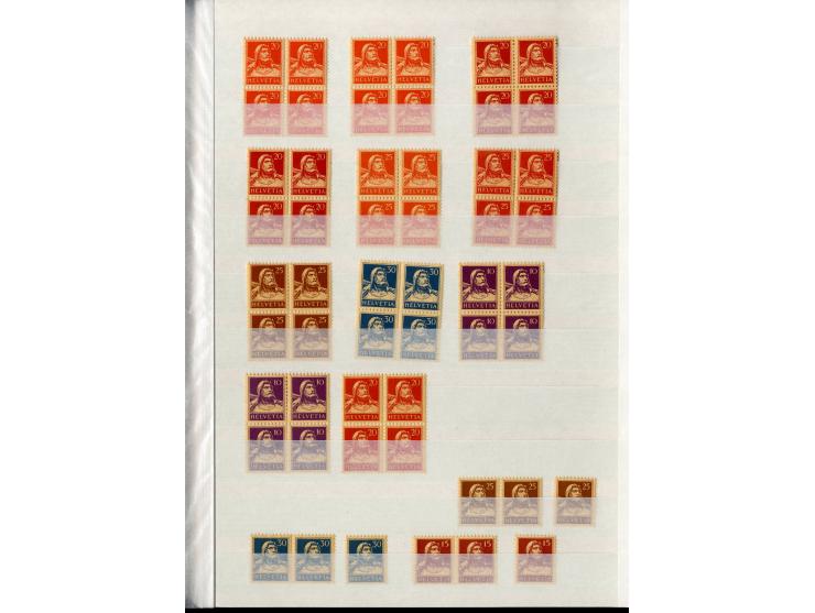 1881/1960 (ca.), postfrische Partie 4er-Blocks im steckbuch, dabei u.a. Mi.-Nr. 142, 194-97z, 301yI, 328-30v und w sowie Pax 