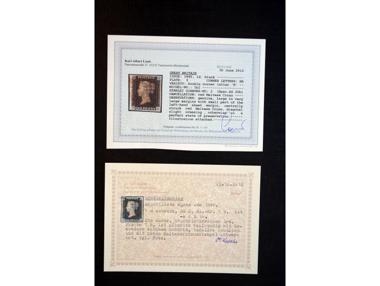 1840/41, gestempelte spezialisierte Sammlung Penny black mit etwa 70 Einzelmarken, drei Paaren, drei 3er-Streifen, einem 4er-