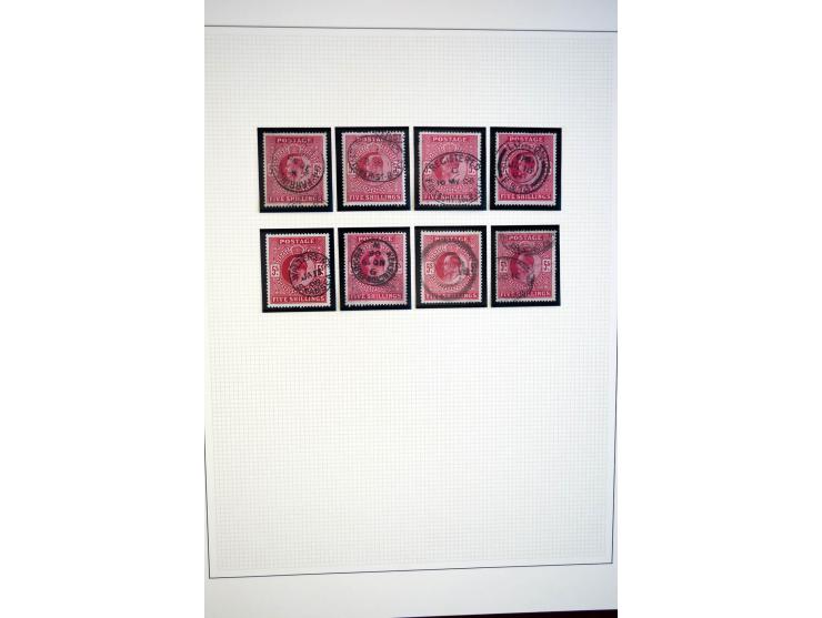1902/13, Edward VII, gestempelte Sammlung mit 5 Briefen, spezialisiert gesammelt nach Drucken und Farben, dabei 7 Stück 1£ gr