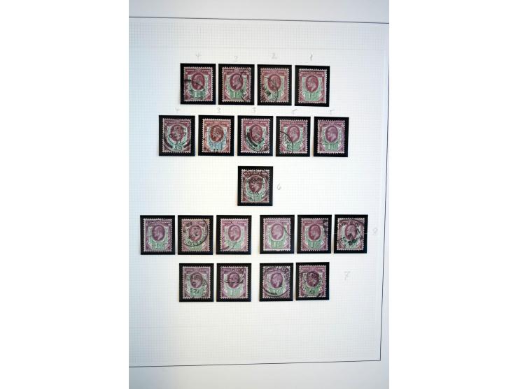 1902/13, Edward VII, gestempelte Sammlung mit 5 Briefen, spezialisiert gesammelt nach Drucken und Farben, dabei 7 Stück 1£ gr