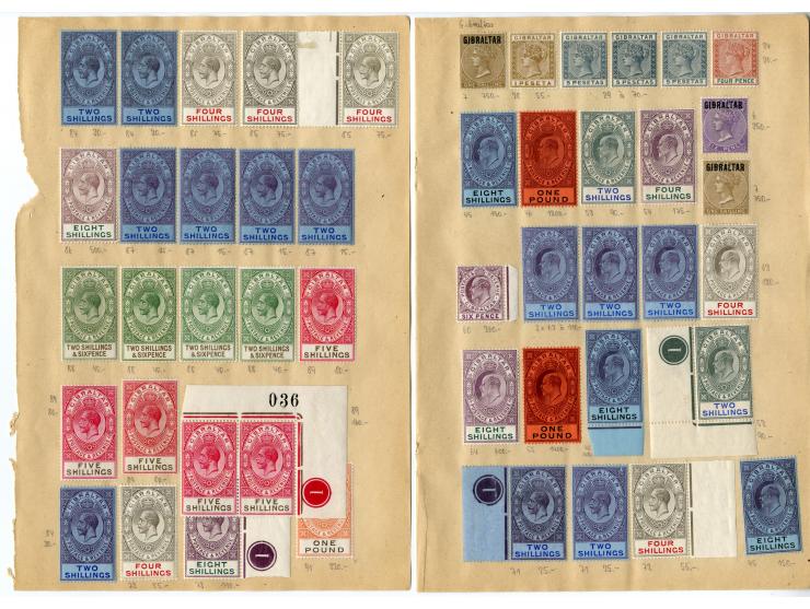 1886/1927 (ca.), saubere ungebrauchte Partie auf alten Auswahlseiten, dabei viele Pfund-Werte, u.a. 2 Stück Mi.-Nr. 92