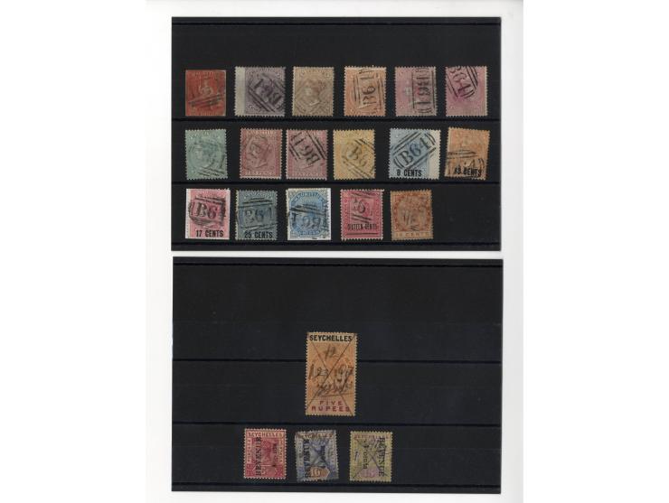 1859/83, Mauritius-Marken auf den Seychellen gebraucht, kleine Partie von 17 Werten mit Stempel "B64", dazu 4 Fiskalmarken, e
