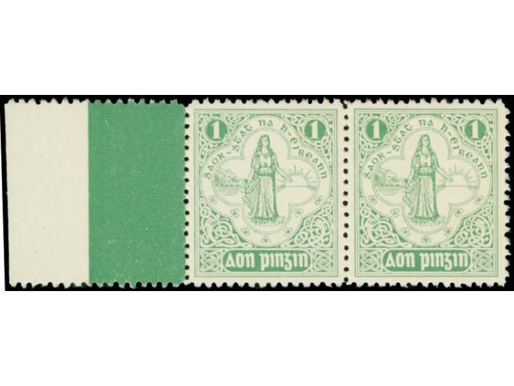 1922, perforated, 1d. pale turquise as horizontal pair with left sheet margin, hinged in the margin, stamps with full origina