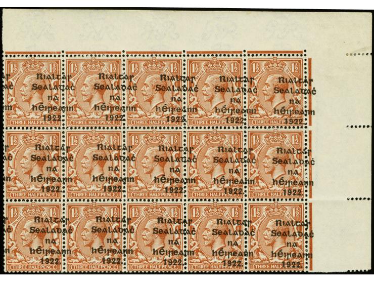 1922, Rialtas 5-line overprint by Thom, 1½ d. as block of 15 from the upper right sheet corner with severley shifted overprin