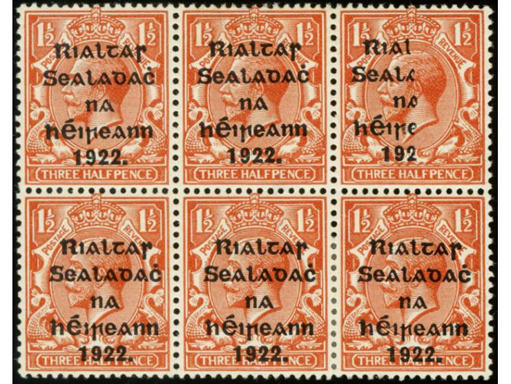 1922, Rialtas 5-line overprint by Thom, 1½ d. as block of 6, upper right stamp with partly missing overprint due to foreign m