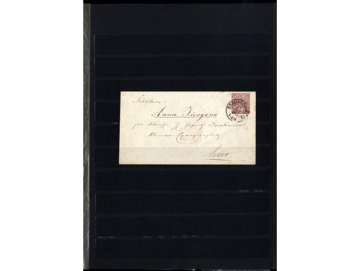 1868/71, interessante Sammlung "Nachverwendete Stempel auf NDP-Ausgaben) mit fast 50 losen Marken bzw. Briefstücken und 50 Br