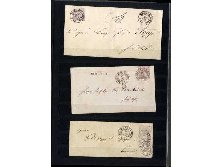 1868/71, interessante Sammlung "Nachverwendete Stempel auf NDP-Ausgaben) mit fast 50 losen Marken bzw. Briefstücken und 50 Br