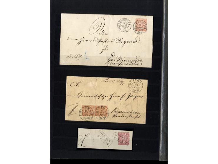 1868/71, interessante Sammlung "Nachverwendete Stempel auf NDP-Ausgaben) mit fast 50 losen Marken bzw. Briefstücken und 50 Br