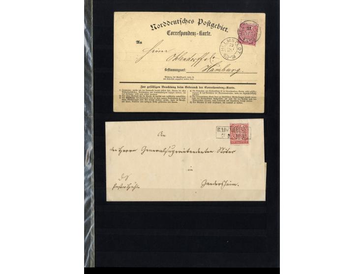 1868/71, interessante Sammlung "Nachverwendete Stempel auf NDP-Ausgaben) mit fast 50 losen Marken bzw. Briefstücken und 50 Br