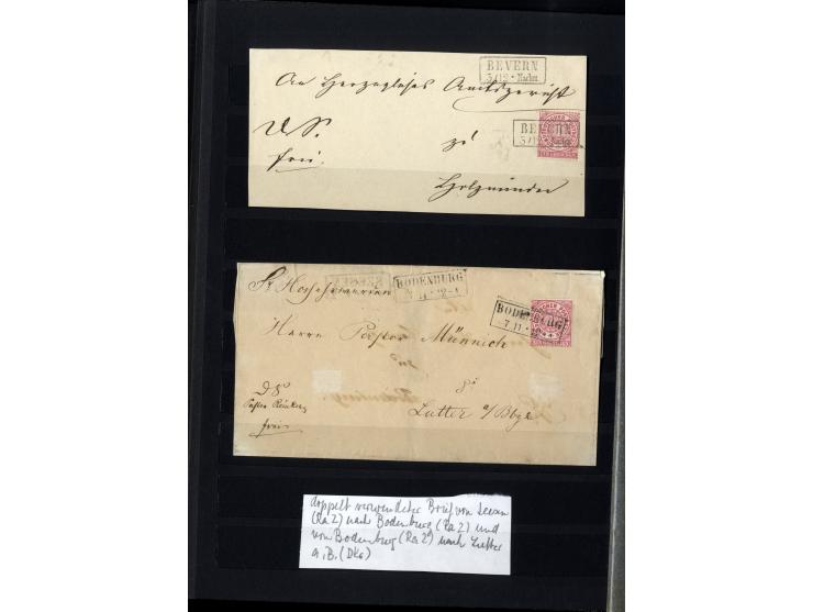 1868/71, interessante Sammlung "Nachverwendete Stempel auf NDP-Ausgaben) mit fast 50 losen Marken bzw. Briefstücken und 50 Br
