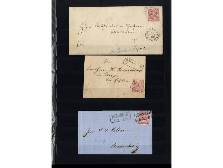 1868/71, interessante Sammlung "Nachverwendete Stempel auf NDP-Ausgaben) mit fast 50 losen Marken bzw. Briefstücken und 50 Br