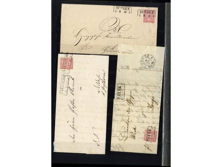 1868/71, interessante Sammlung "Nachverwendete Stempel auf NDP-Ausgaben) mit fast 50 losen Marken bzw. Briefstücken und 50 Br