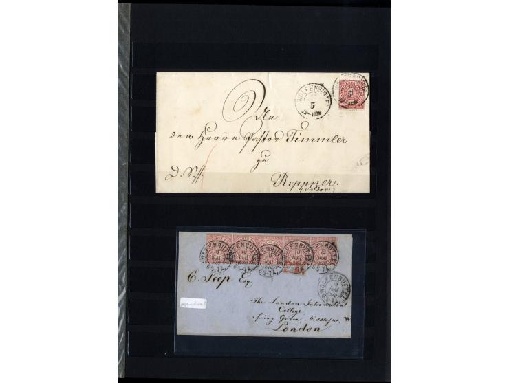 1868/71, interessante Sammlung "Nachverwendete Stempel auf NDP-Ausgaben) mit fast 50 losen Marken bzw. Briefstücken und 50 Br