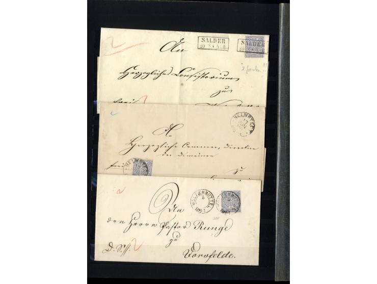1868/71, interessante Sammlung "Nachverwendete Stempel auf NDP-Ausgaben) mit fast 50 losen Marken bzw. Briefstücken und 50 Br