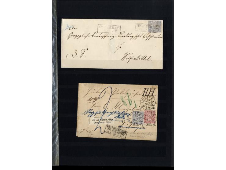 1868/71, interessante Sammlung "Nachverwendete Stempel auf NDP-Ausgaben) mit fast 50 losen Marken bzw. Briefstücken und 50 Br