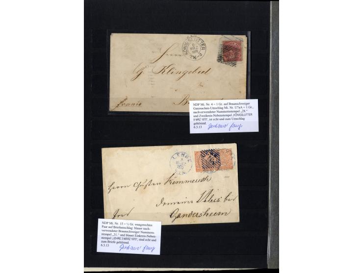 1868/71, interessante Sammlung "Nachverwendete Stempel auf NDP-Ausgaben) mit fast 50 losen Marken bzw. Briefstücken und 50 Br
