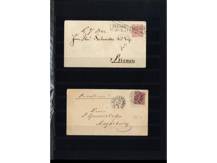 1868/71, interessante Sammlung "Nachverwendete Stempel auf NDP-Ausgaben) mit fast 50 losen Marken bzw. Briefstücken und 50 Br