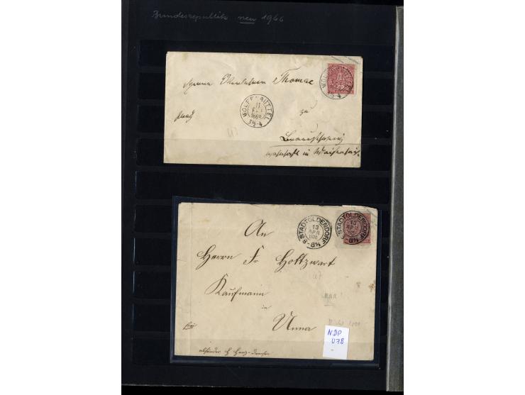 1868/71, interessante Sammlung "Nachverwendete Stempel auf NDP-Ausgaben) mit fast 50 losen Marken bzw. Briefstücken und 50 Br