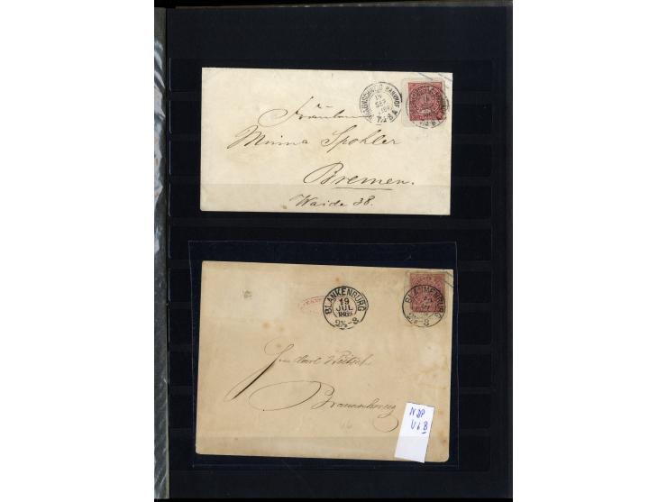 1868/71, interessante Sammlung "Nachverwendete Stempel auf NDP-Ausgaben) mit fast 50 losen Marken bzw. Briefstücken und 50 Br
