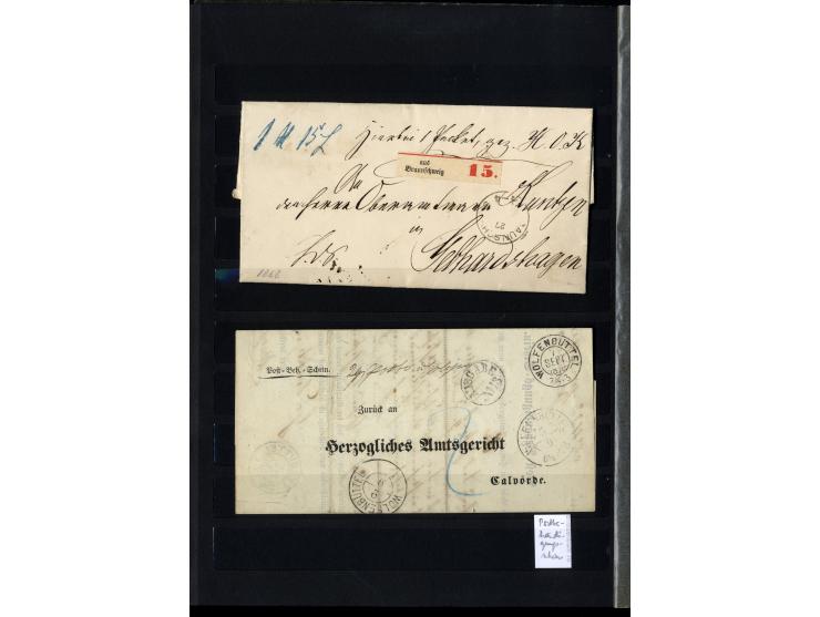 1868/71, interessante Sammlung "Nachverwendete Stempel auf NDP-Ausgaben) mit fast 50 losen Marken bzw. Briefstücken und 50 Br