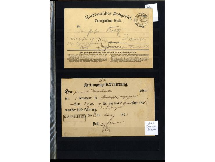 1868/71, interessante Sammlung "Nachverwendete Stempel auf NDP-Ausgaben) mit fast 50 losen Marken bzw. Briefstücken und 50 Br