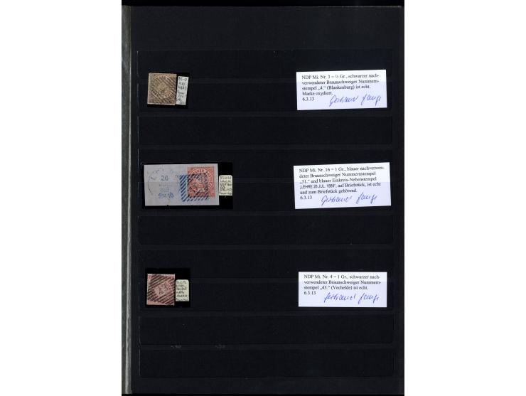 1868/71, interessante Sammlung "Nachverwendete Stempel auf NDP-Ausgaben) mit fast 50 losen Marken bzw. Briefstücken und 50 Br