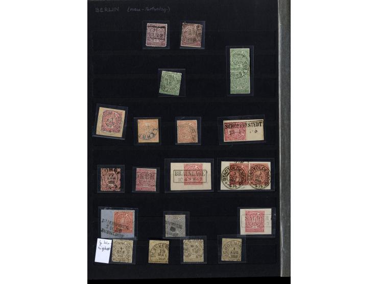 1868/71, interessante Sammlung "Nachverwendete Stempel auf NDP-Ausgaben) mit fast 50 losen Marken bzw. Briefstücken und 50 Br