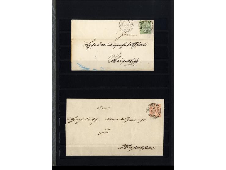 1868/71, interessante Sammlung "Nachverwendete Stempel auf NDP-Ausgaben) mit fast 50 losen Marken bzw. Briefstücken und 50 Br