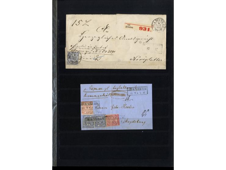 1868/71, interessante Sammlung "Nachverwendete Stempel auf NDP-Ausgaben) mit fast 50 losen Marken bzw. Briefstücken und 50 Br