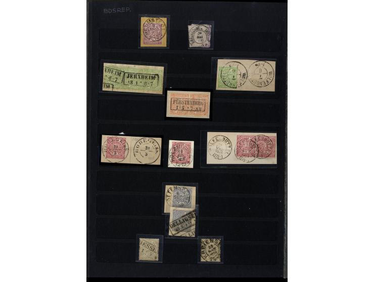 1868/71, interessante Sammlung "Nachverwendete Stempel auf NDP-Ausgaben) mit fast 50 losen Marken bzw. Briefstücken und 50 Br