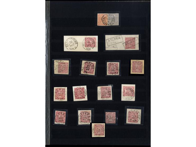 1868/71, interessante Sammlung "Nachverwendete Stempel auf NDP-Ausgaben) mit fast 50 losen Marken bzw. Briefstücken und 50 Br